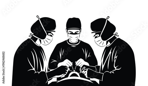 Silhouette of three surgeons in masks and hats performing surgery