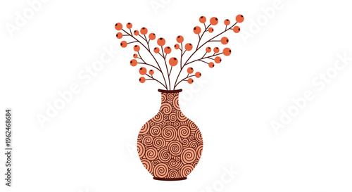 Decorative ceramic vase with spiral patterns holding branches with red berries, elegant home interior accessory and floral arrangement.