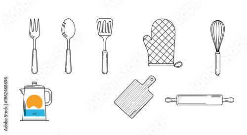 Set of kitchen utensils icons including fork, spoon, spatula, oven mitt, whisk, teapot, cutting board, and rolling pin for cooking themes.
