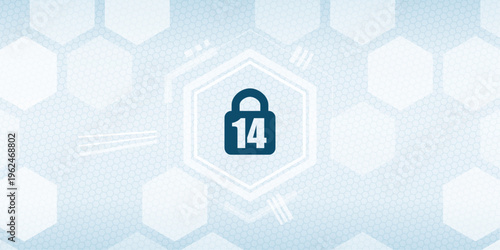 Security padlock with number 14 for age rating on hexagon background blue abstract digital protection vector