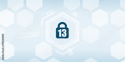 Security padlock with number 13 for age rating on hexagon background blue abstract digital protection vector