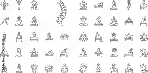 A collection of line icons depicts various yoga poses, spinal anatomy, and human posture adjustments for wellness concepts.