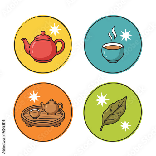 Set of Four Circular Icons Representing Tea Culture and Elements.