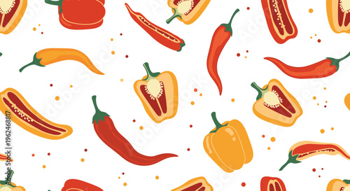 Cheerful seamless pattern showing whole and sliced red and yellow bell peppers alongside spicy chili peppers for fresh food and kitchen themes.
