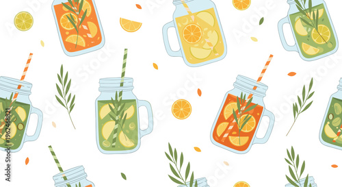 Refreshing seamless pattern featuring mason jars filled with colorful summer lemonade, fruit slices, and green leaves for kitchen and cafe decor.