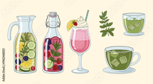 Collection of diverse healthy beverages including fruit infused water, berry smoothies, and iced matcha tea for a balanced and nutritious diet.