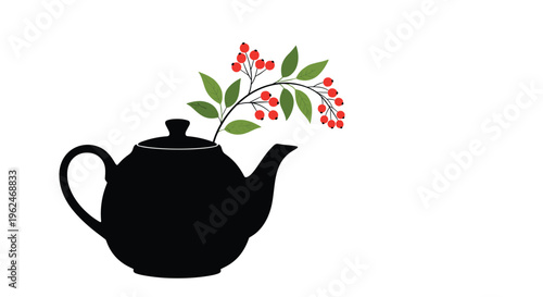 Elegant black silhouette of a classic teapot with a botanical branch bearing bright red berries emerging from the top for artistic home decor.