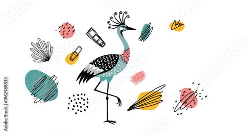 Artistic illustration of a crowned crane surrounded by abstract geometric shapes, paint strokes, and small colorful cosmetic bottle icons for art.