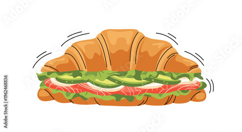 Appetizing croissant sandwich filled with fresh smoked salmon slices, creamy avocado, and green lettuce for a gourmet healthy lunch meal option.