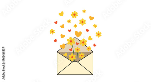 Beautiful beige envelope opened with bright yellow flowers and orange and red hearts flying out to symbolize love, joy, and positive messages.
