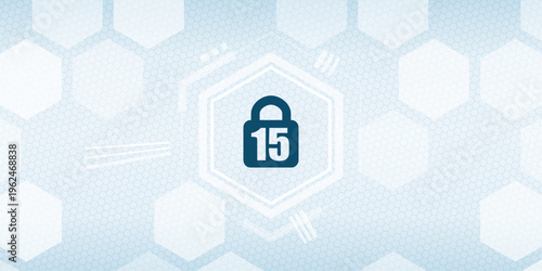 Security padlock with number 15 for age rating on hexagon background blue abstract digital protection vector