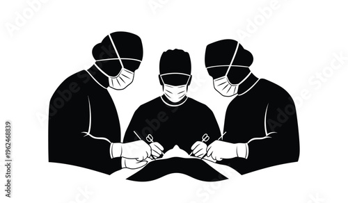 Silhouette of three surgeons in masks and scrubs operating on a patient