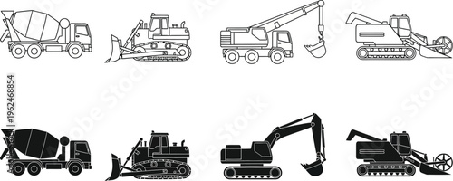 heavy construction machinery and agricultural vehicles. Concrete mixer truck, bulldozer, mobile crane, and excavator. 