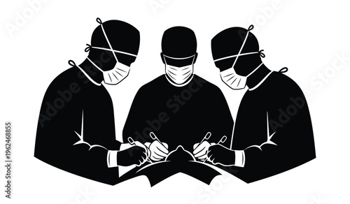 Silhouette of three medical professionals in surgical masks and scrubs