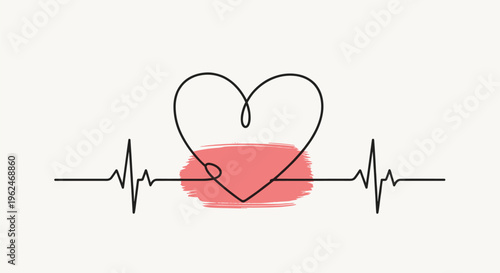 Simple black line art depicting a heart shape integrated into a continuous pulse wave with a soft red circular paint smudge for medical concepts.