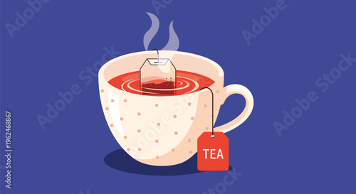 Steaming cup of tea with a teabag inside, featuring a red tag and a polka dot mug on a deep blue background for a cozy morning or evening break.