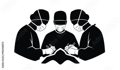 Silhouette of three surgeons in masks and hats operating on a patient