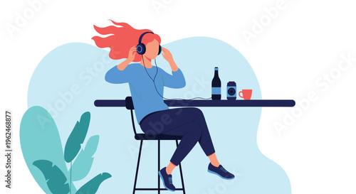 Young woman with flowing pink hair sitting at a table wearing headphones and listening to music in a relaxed atmosphere for lifestyle projects.