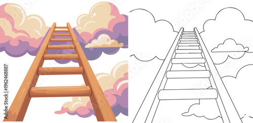 ladder reaching into clouds vector illustration for children coloring book clipart and lineart