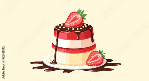 Delicious layered strawberry pudding dessert topped with chocolate sauce and fresh strawberry halves on a clean white plate for cafe menus.