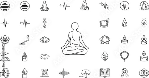 A central figure sits in a lotus position surrounded by symbols related to meditation, sound waves, spiritual practices, and inner peace.