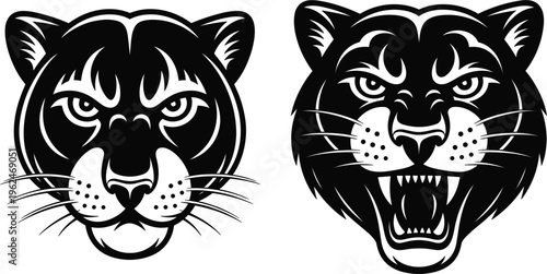 Tiger head vector logos set, fierce roaring wild cat mascot designs for sports