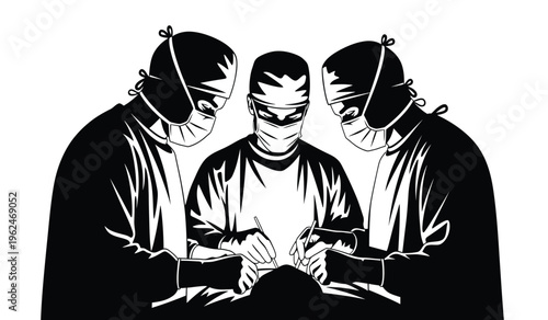 Silhouette of three surgeons in masks and gowns performing surgery