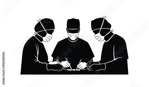Silhouette of three surgeons in masks and hats operating on a patient