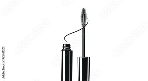 Stylish black and white illustration of a mascara bottle with an applicator wand featuring a soft swirl of liquid product for beauty designs.