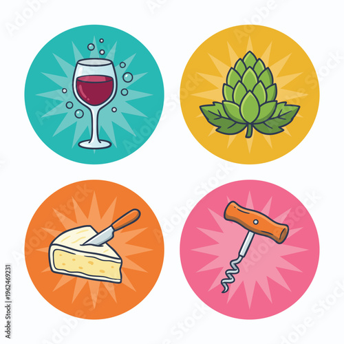 Set of four circular icons representing wine, hops, cheese, and corkscrew.