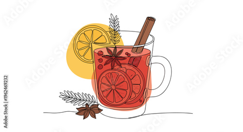 Artistic line drawing of a glass mug filled with warm mulled wine, featuring orange slices, cinnamon sticks, and star anise for winter themes.