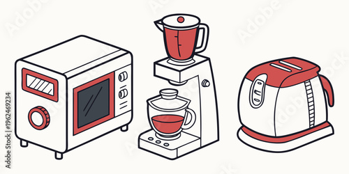 A collection of small kitchen appliances including a microwave, blender, and kettle.