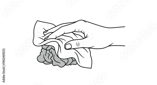 Black and white line art showing a human hand using a soft cloth to carefully wipe and clean a textured grey surface for home hygiene concepts.