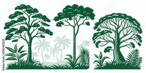 A serene landscape with lush green trees and a tranquil river flowing through the forest.