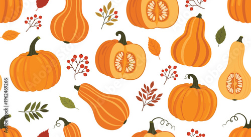 Vibrant seamless pattern of various orange pumpkins, squash, and red berries on a white background for Thanksgiving and autumn celebrations.
