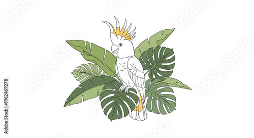 Beautiful white cockatoo with a bright yellow crest sitting peacefully among lush green tropical palm and monstera leaves for exotic themes.