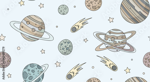 Seamless cosmic pattern featuring hand drawn planets, comets, and stars on a light blue background for children's room decoration.