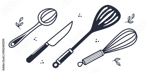 A variety of kitchen utensils including a whisk, spatula, knife, and spoon