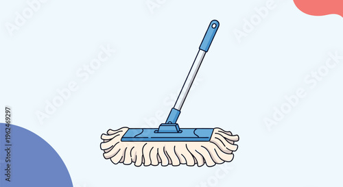 Single blue cleaning mop with a long handle positioned vertically against a minimalist light blue background with abstract shapes.