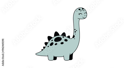Adorable light blue cartoon dinosaur with black spots and spines standing against a plain white background in a flat style.