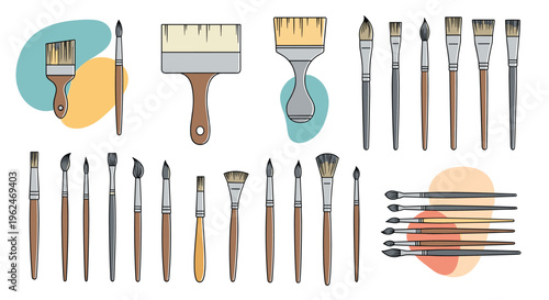 Diverse collection of art paintbrushes of various sizes and shapes arranged on a background with abstract color splashes.