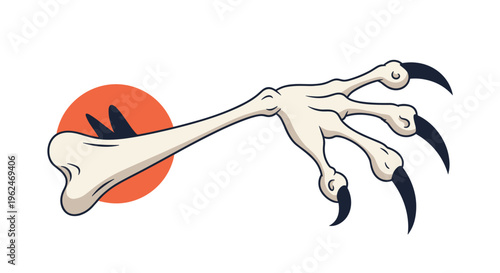 Grasping skeletal hand or animal claw with sharp black talons shown against a large orange circle on a white background.