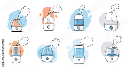 Diverse collection of modern air humidifiers in different designs and colors, all emitting steam for home atmosphere control.