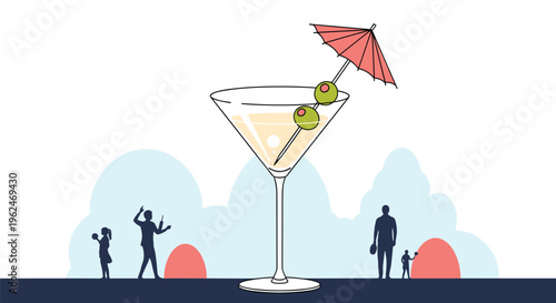 Oversized martini cocktail with olives and an umbrella dominating a beach scene with small silhouettes of people playing.
