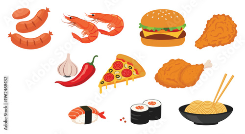 Assortment of food icons including sausages, shrimp, burger, fried chicken, garlic, chili, pizza, sushi, and noodles.