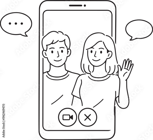 A hand drawn illustration of a couple video chatting on a smartphone