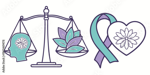 Awareness ribbons and scales of justice symbolizing equality and support
