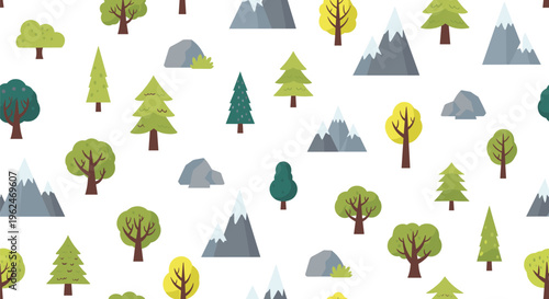 Seamless nature pattern featuring various types of flat style trees, grey mountains with snow caps, and rocks on a white background.