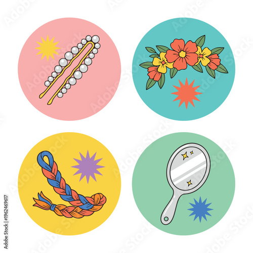 Set of four circular icons with beauty and hair accessories.