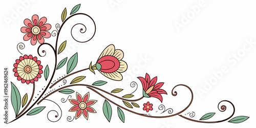 Vintage floral design with elegant swirls and colorful blossoms